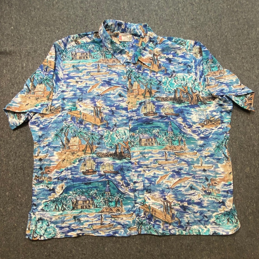 Hilo Hattie Hawaiian Shirt 3XL Men Blue Tropical Scenic Dolphin Cotton Aloha Top